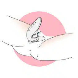 製品の使用方法を示すイラスト。潤滑剤を塗布した後、製品が体に適切に配置される様子を示しています