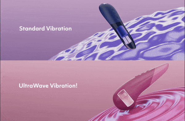 「Standard Vibration（標準振動）」と「UltraWave Vibration!（ウルトラウェーブ振動！）」の 2 種類の振動モードを比較するアニメーションジフ