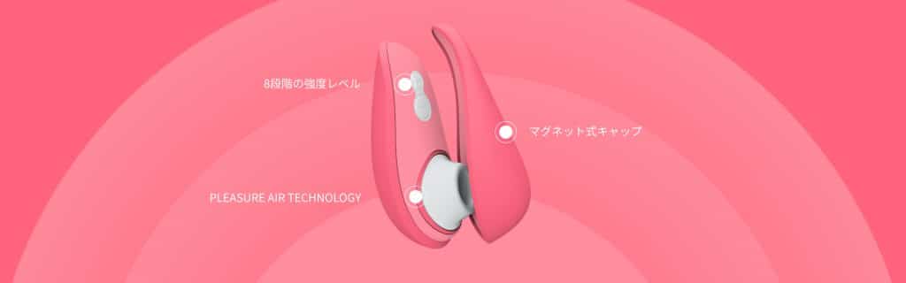 ピンク色の吸引タイプのおもちゃデバイスが8段階の強度レベル、PLEASURE AIR TECHNOLOGY、マグネット式キャップを示す機能説明画像