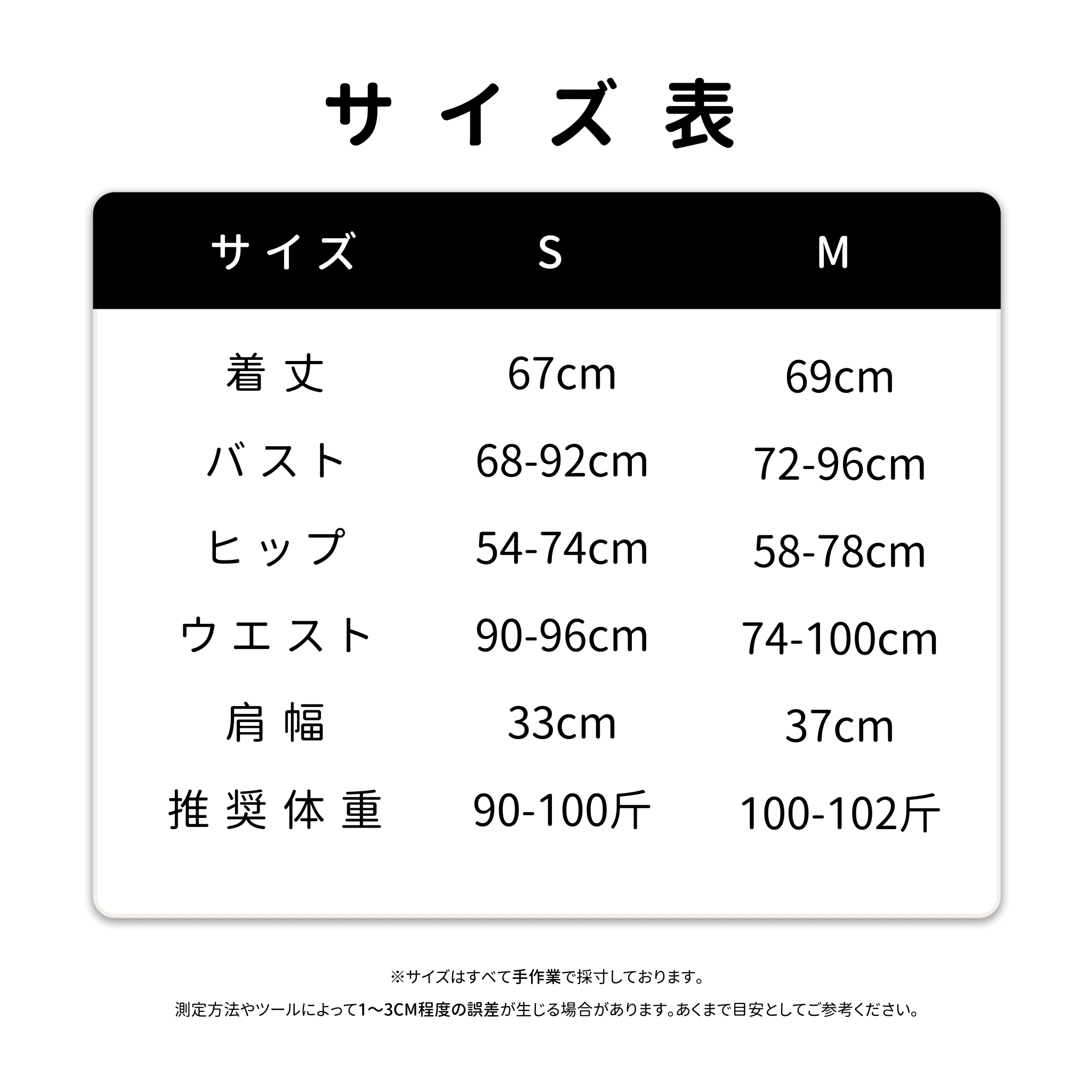 PHYRA衣装のサイズ表