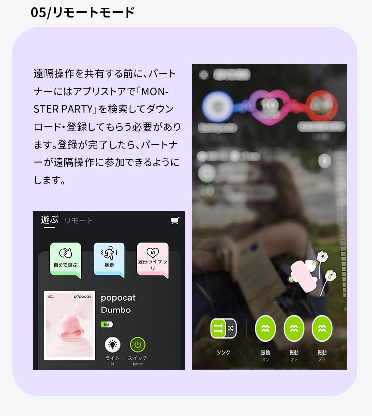 リモートモード設定画面：パートナーと遠隔操作を共有するためのアプリ登録と接続手順
