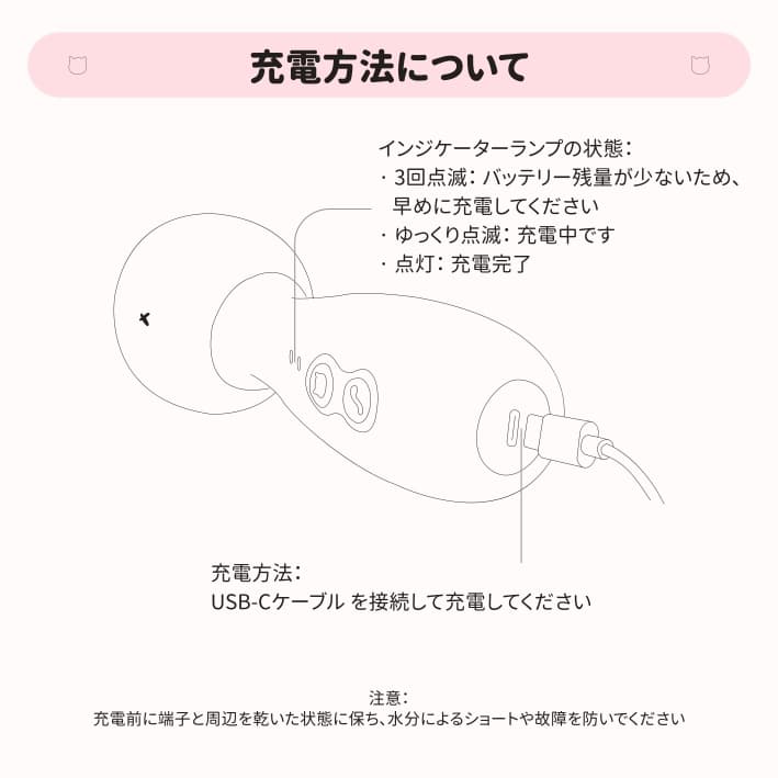 USB-C充電方法とインジケーターランプの状態を説明する図解：点滅で充電中、点灯で完了、充電前は端子を乾燥保持